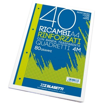 Ricambi rinforzati Blasetti A4 quadretti 4 mm conf. 40 pz.